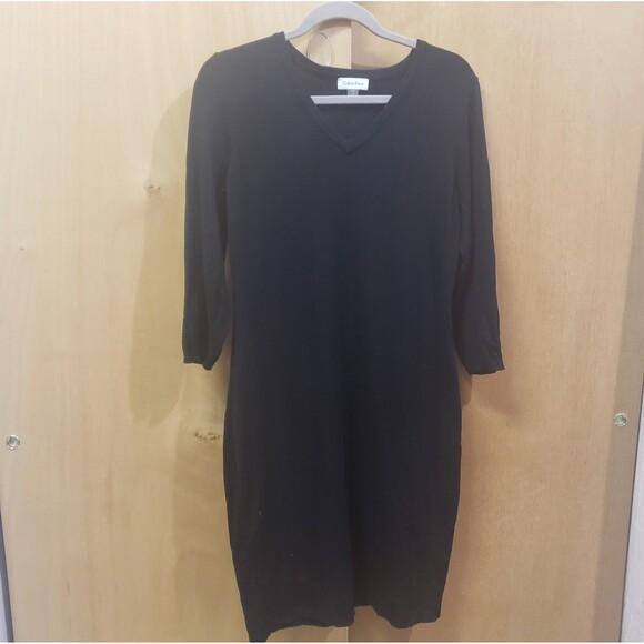 Calvin Klein Black V-Neck Sweater Dress 3/4 Sleeve Sz MGreat Condition! - Picture 1 of 5